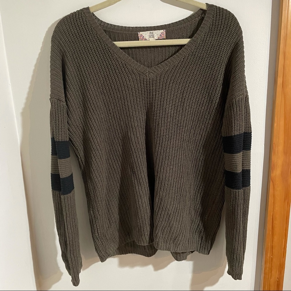 Pink Rose Green Varsity Sleeve Striped Sweater